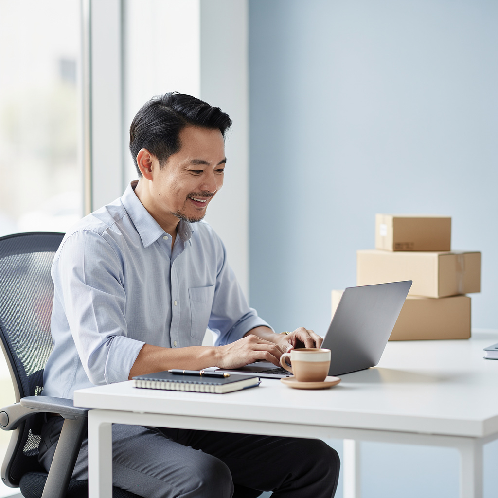A store owner calmly reviewing his finances at his desk