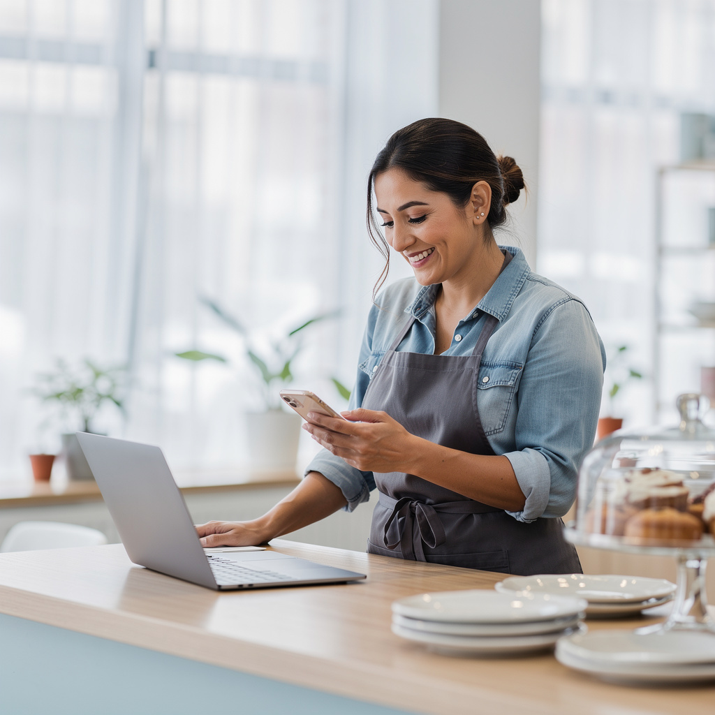 A bakery owner smiling at her phone behind the counter