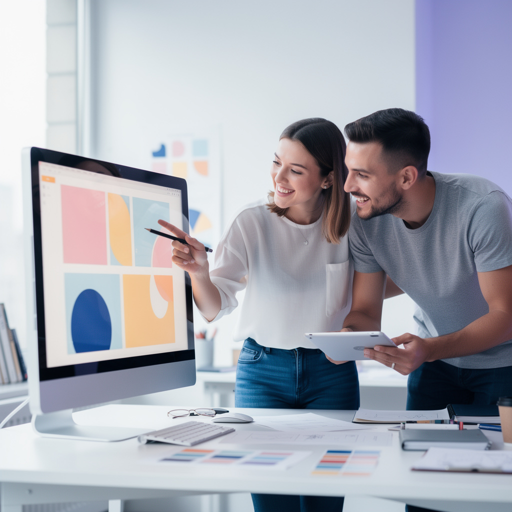 Two designers reviewing ad layouts together